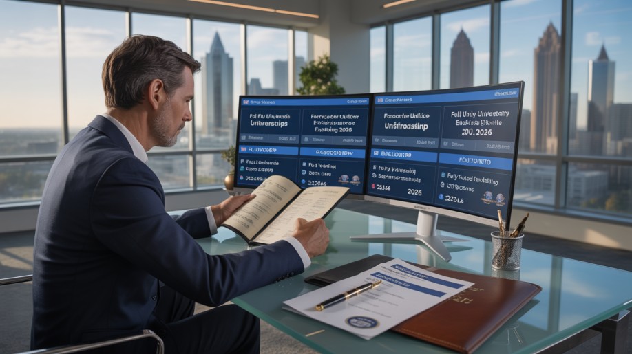 Best Fully Funded US Corporate Universities 2026 FinTech director reviewing B2B university tuition endowment dashboards
