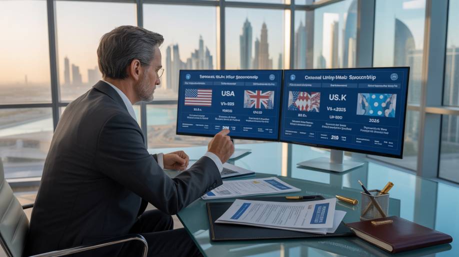 Best Fully Funded Corporate Study Destinations USA vs UK 2026 sovereign fund director reviewing USA vs UK B2B university tuition funding dashboards